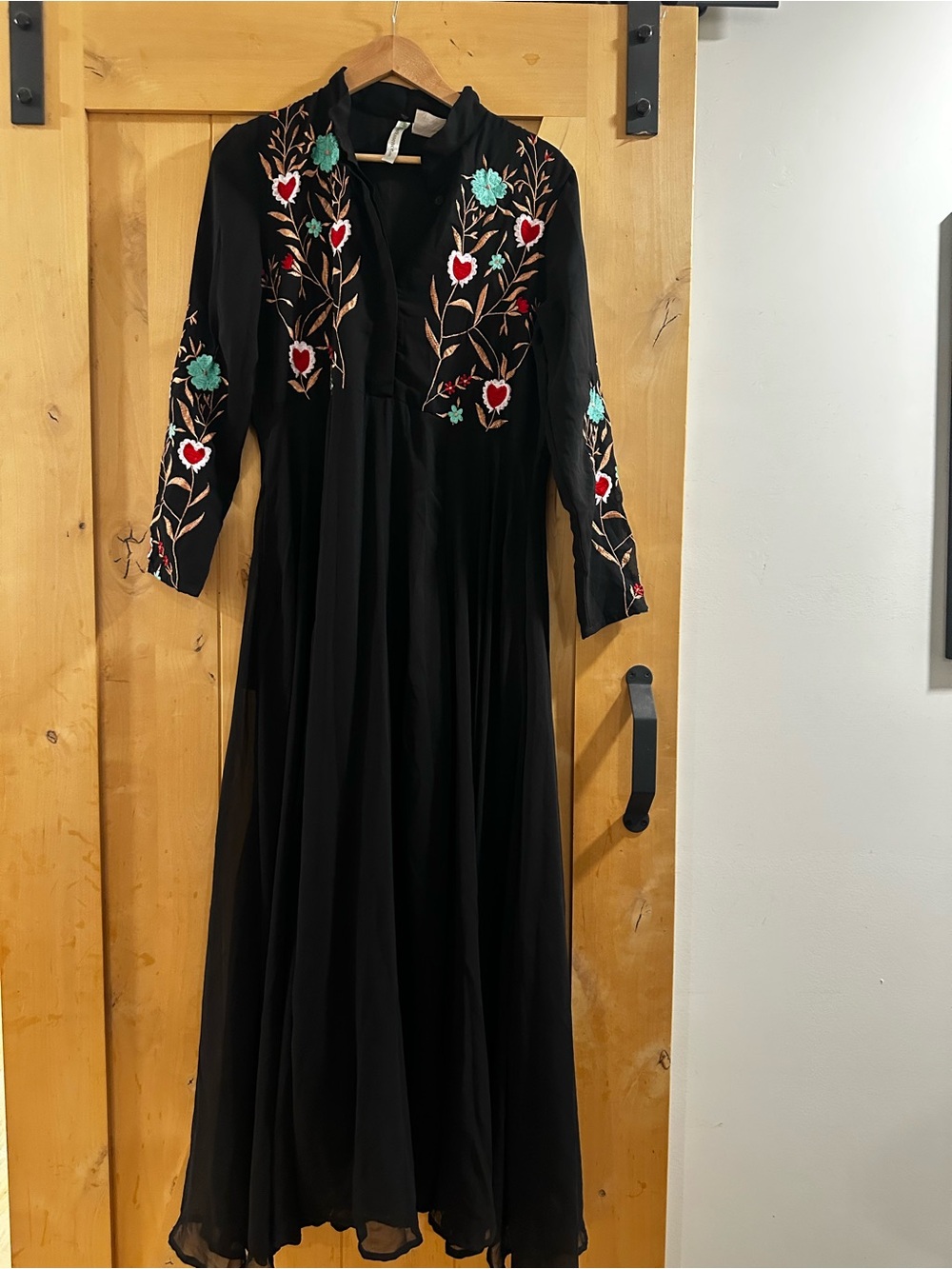 Express Black Maxi Dress with Red and Teal Floral Embroidery Accents